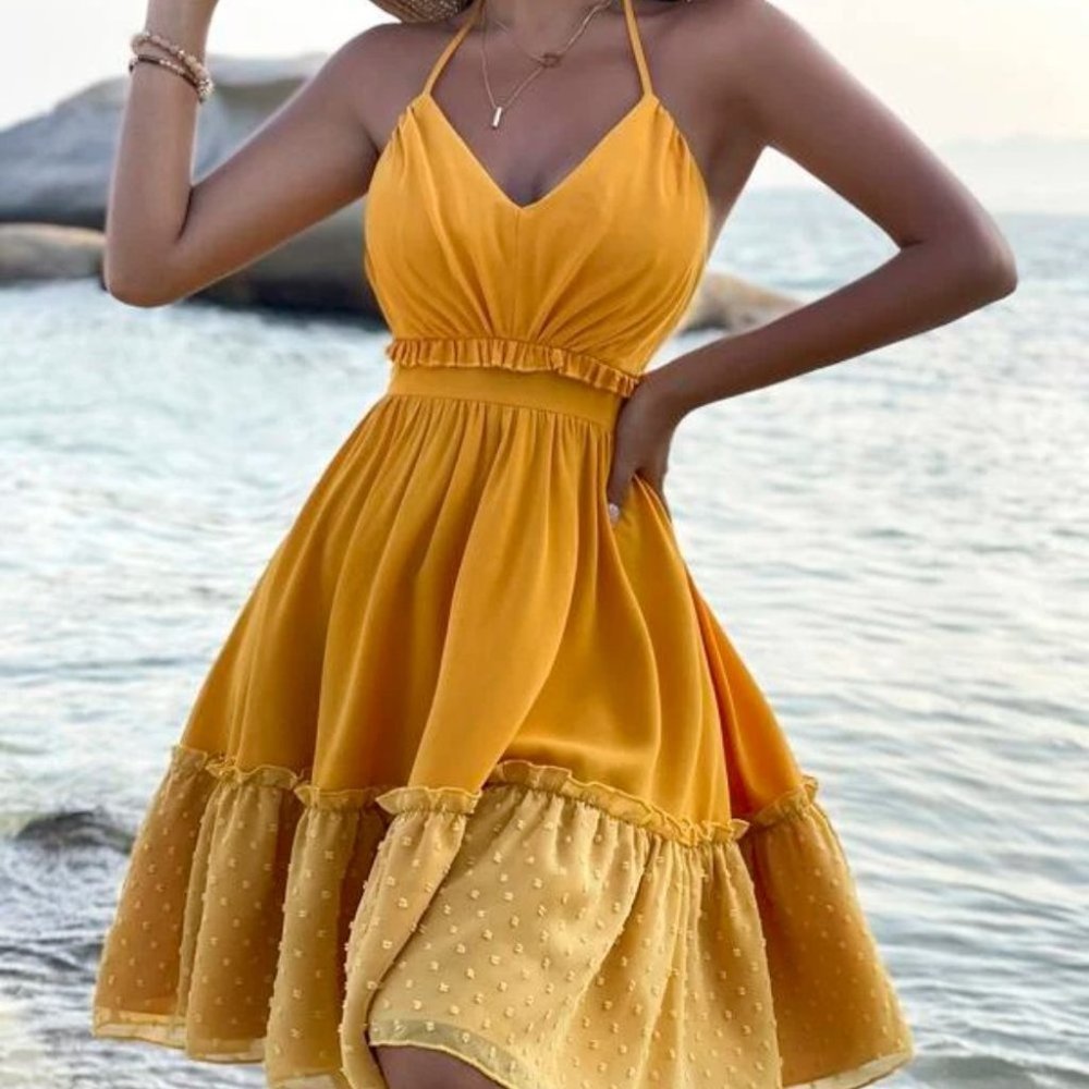 yellow Frill Trim Contrast Swiss Dot Halter Backless Dress - Picture 6 of 8